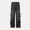 Wide-Leg Washed Black Jeans with Diagonal Zippers and Utility Straps