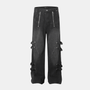 Wide-Leg Washed Black Jeans with Diagonal Zippers and Utility Straps